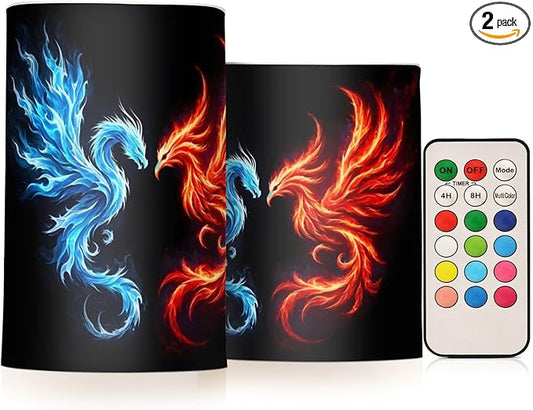 Flickering Flameless Candles, Dragon Phoenix LED Candles with Remote Timer, Set of 2 Battery Operated Candle for Valentine Wedding Birthday