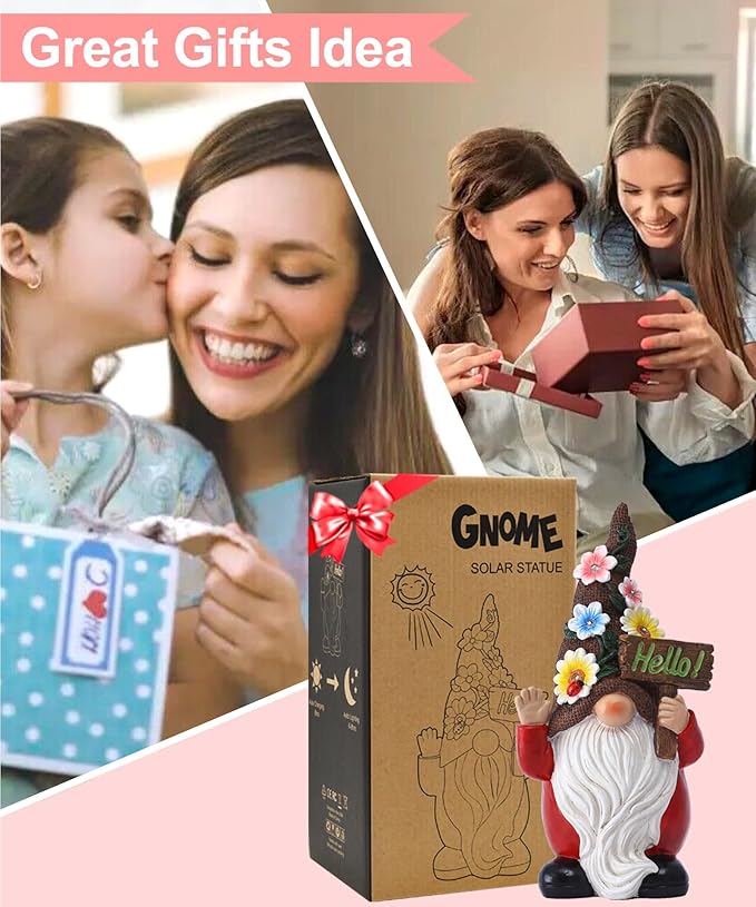 Gnome Solar Statues for Garden Decor - Outdoor Decorations Art Figurine for Patio Balcony Yard Lawn