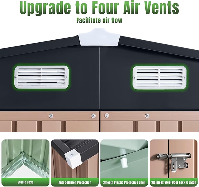 Aoxun 6'x4' Outdoor Storage Shed with Base Galvanized Steel Metal Garden Shed for Patio, Lawn & Garden(Brown, 6' x 4'W/Base)