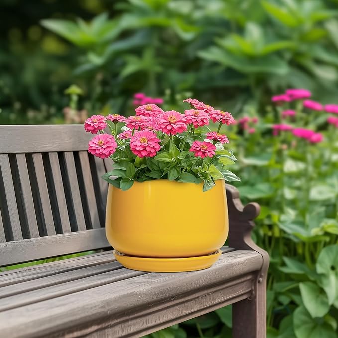 G EPGardening Ceramic Pots for Plants - 7 Inch Plant Pot with Drainage Hole and Saucer, Modern Ceramic Planter for Indoor Outdoor, Round Flower Planter, Gifts for Plants Lovers, Home Decor, Yellow