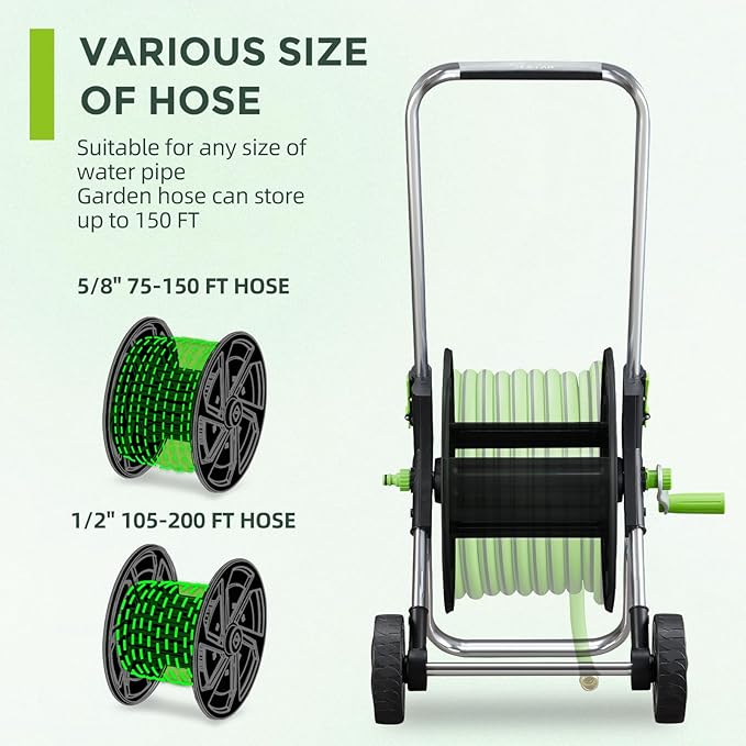 Garden Hose Reel Cart, Holds 75-150 Feet of 5/8-Inch Hose, Portable Hose Reel Cart With Wheels,Adjustable Handrail, Quick Hose Connector