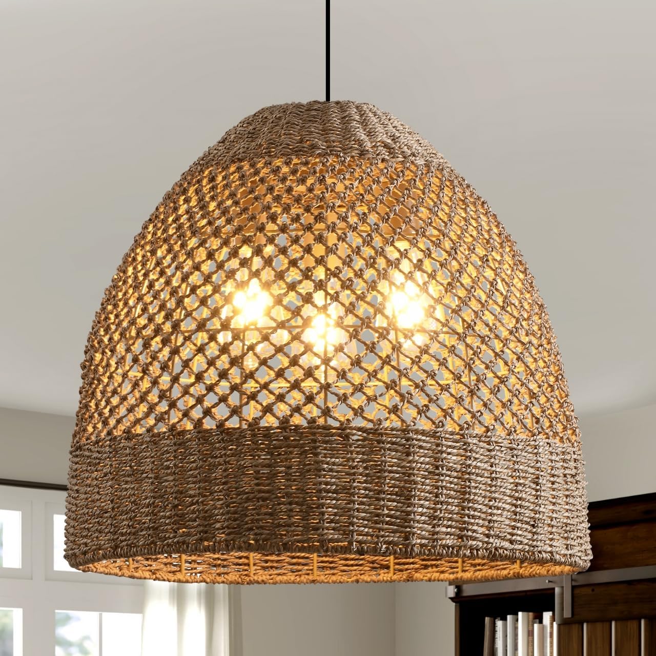 18.9" Rattan Chandelier, Coastal Large Pendant Light,Boho 3-Light Wicker Hand-Woven Seagrass Pendant Lighting Ceiling Hanging,for Kitchen Islands, Dining Rooms, and Farmhouses.