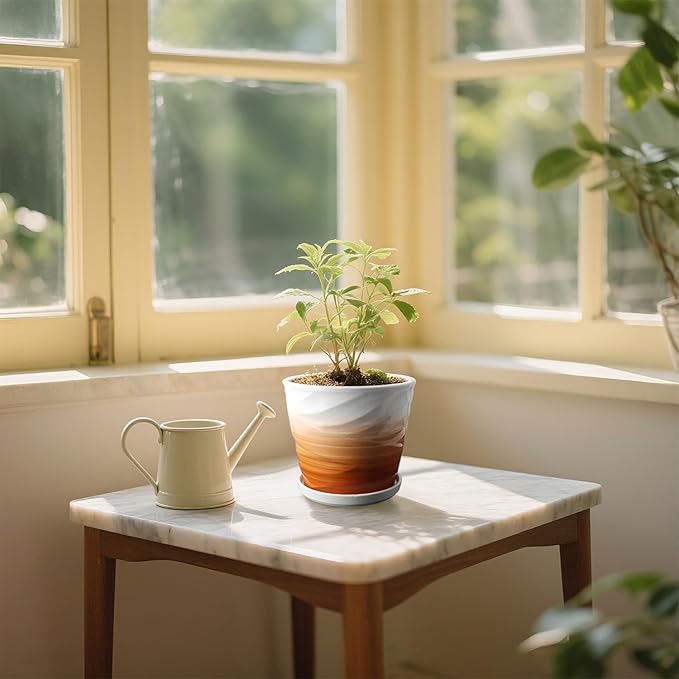 6.7 + 5.5 Inch Plant Pot, Ceramic Planter with Drainage and Saucer，Ceramic Pots for Plants, Indoor Plant pots，planters for Indoor Plants(Khaki + White)