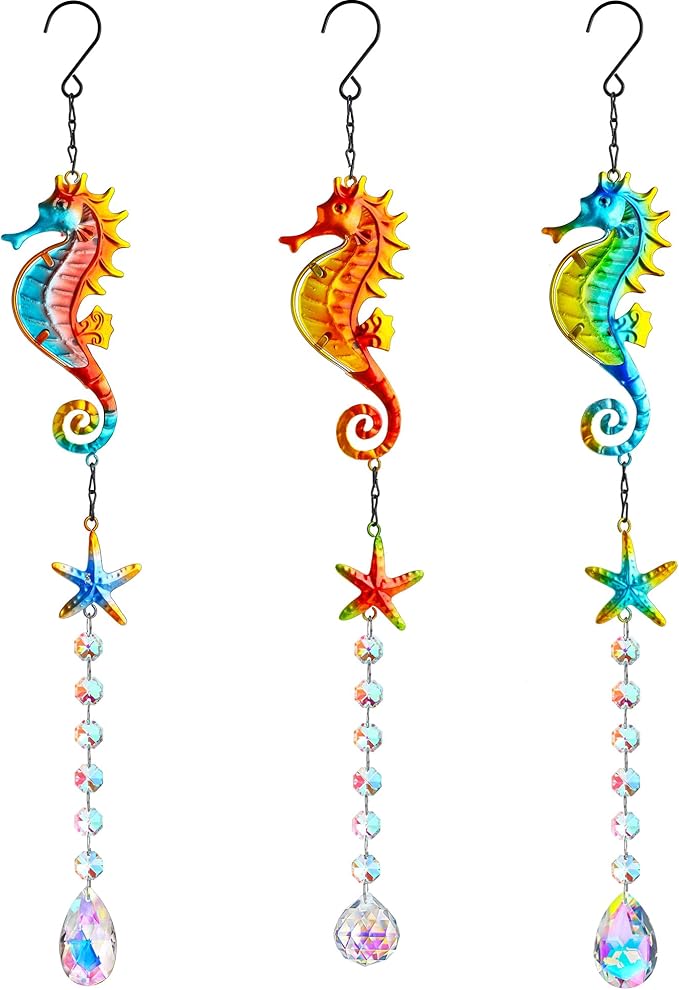 3PCS Metal Seahorse & Starfish Hanging Sun Catchers with Crystals, Colorful Crystal Prisms Stained Glass Suncatcher, Rainbow Maker Pendant Indoor Outdoor Patio Fence Decor