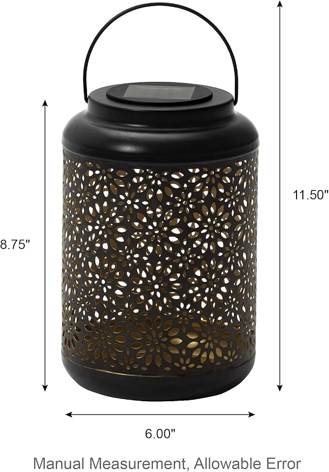Glitzhome Solar Lantern Black Metal Cutout Flower Outdoor Hanging Solar Light with Handle for Garden Patio Yard Outdoor Decor