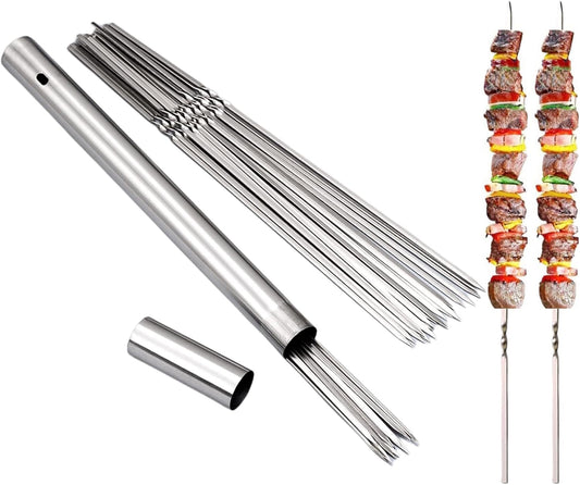 304 Stainless Steel 14.8" Long Flat Barbecue Skewers,20PCS/40PCS BBQ Kebab Skewers with Portable Metal Storage Tube,Reusable for Grilling Barbecue Kitchen Party and Outdoor Cooking (20PCS)