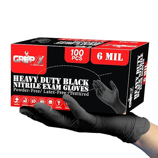 Heavy Duty 6 Mil Black Nitrile Gloves - Disposable, Latex & Powder Free | Mechanic, Food Prep & Tattoo | Rubber Gloves for Cooking, Cleaning & Household | Pack of (100)