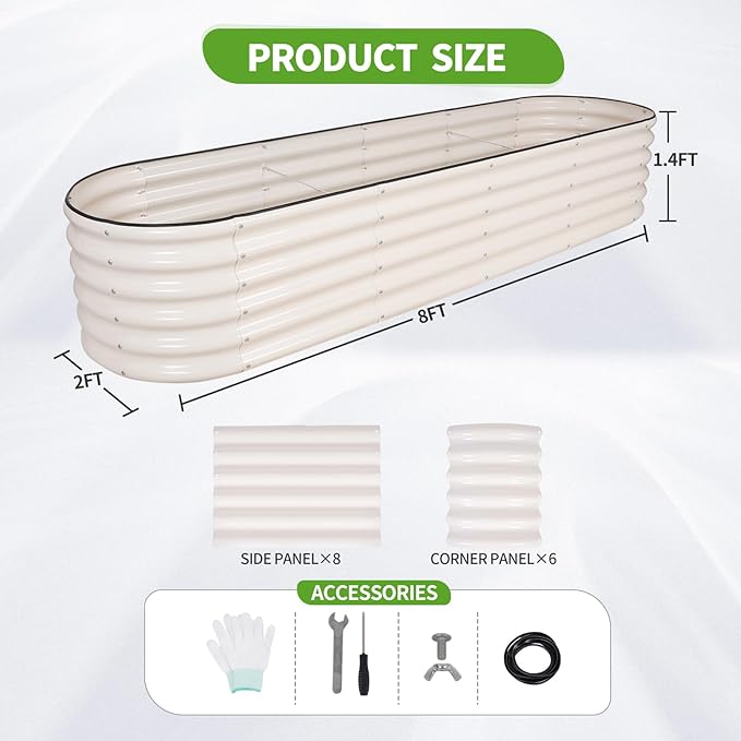 Galvanized Raised Garden Bed - 8x2x1.4FT Metal Planter Boxes Outdoor | Oval Steel Raised Bed Kit for Gardening with Protective Tape, Bracing Rods, Gloves for Vegetables, Flower, Herb (White)