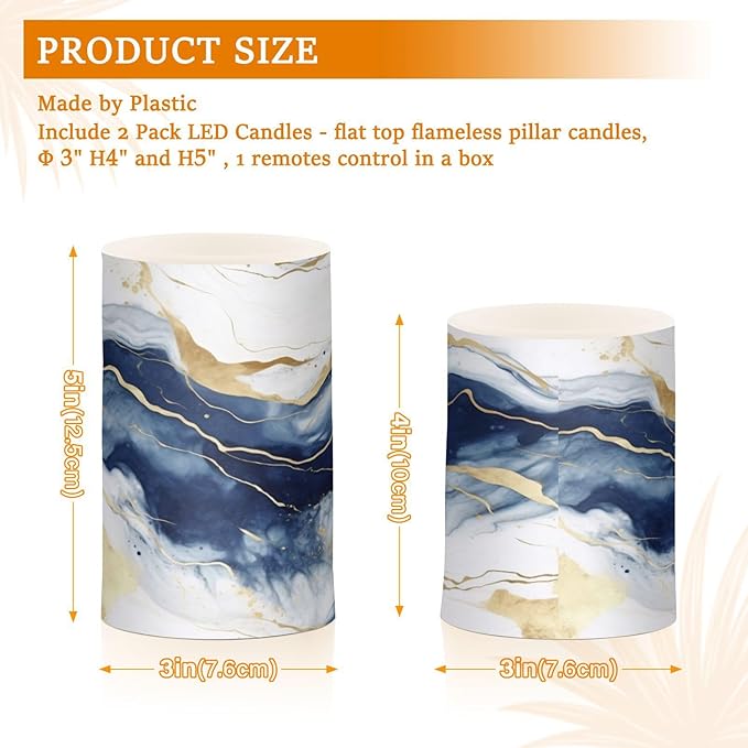 Flickering Flameless Candles, Drak Blue Golden Marble LED Candles with Remote Timer, Set of 2 Battery Operated Candle for Valentine Wedding Birthday