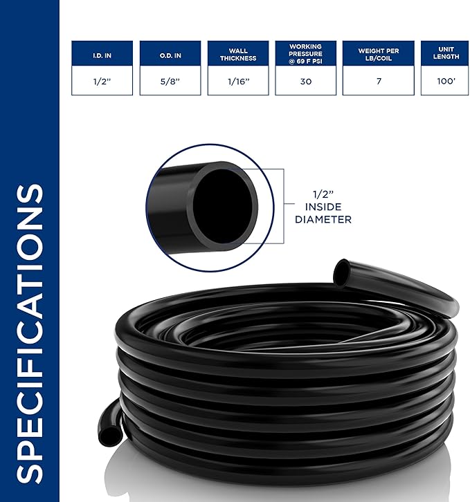 Alpine Corporation 100' PVC Tubing with 1/2" Inside Diameter for Ponds and Fountains, Black