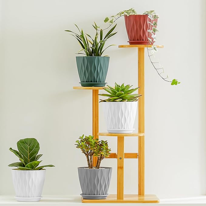 FaithLand 6-Pack 6-Inch Plastic Plant Pots with Saucers | Thickened PP Material, Modern Wave Texture, Enhanced Drainage for Indoor/Outdoor Garden Plants | Tricolor Value Set