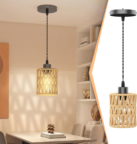 Farmhouse Hemp Rope Pendant Light - Rustic Hand-Woven Rattan Boho Hanging Light for Kitchen Island,Dining Room,Bedroom -Wicker Cage Chandelier-Coastal/Nautical Lighting Fixture Fixture(1Pack)
