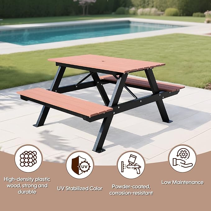 4FT Outdoor Picnic Table and Bench Set with 2" Umbrella Hole, WPC Tabletop Seattop Patio Dining Set for 4 People, Outdoor Dining Table and Chair for Park Garden Yard Patio- Brown