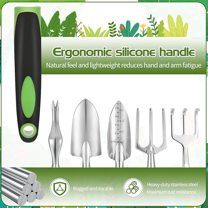 Garden Tool Set, 11 Piece Stainless Steel Heavy Duty Gardening Supplies with Green Black Handle Outdoor Weeding Gifts for Women