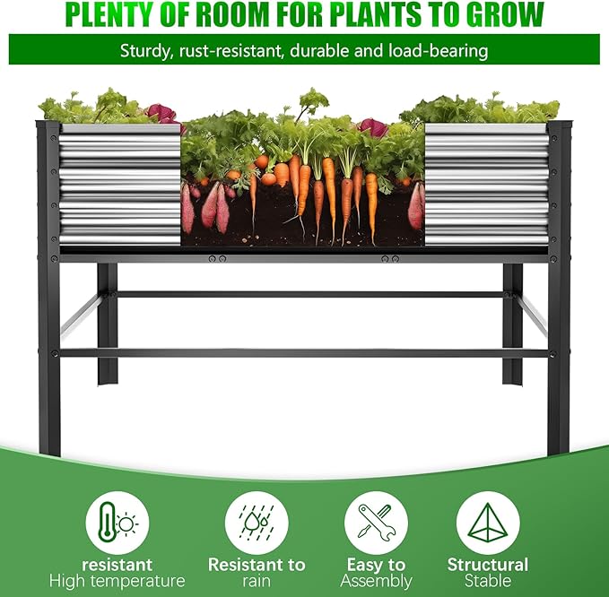 Doniks Raised Garden Bed with Legs, 48×48×32in Large Outdoor Metal Galvanized Garden Planting Box,1000lb Capacity for Vegetables Lawn Green Flowers, Fruits, Terrace