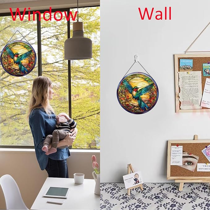 Hummingbirds Pattern Stained Glass Suncatchers for Windows,Hanging Stained Glass Suncatcher,20cm/7.87inch Hand-Painted Sun Catcher Garden Hangings Painted Glass Panel Decor Themed Gift