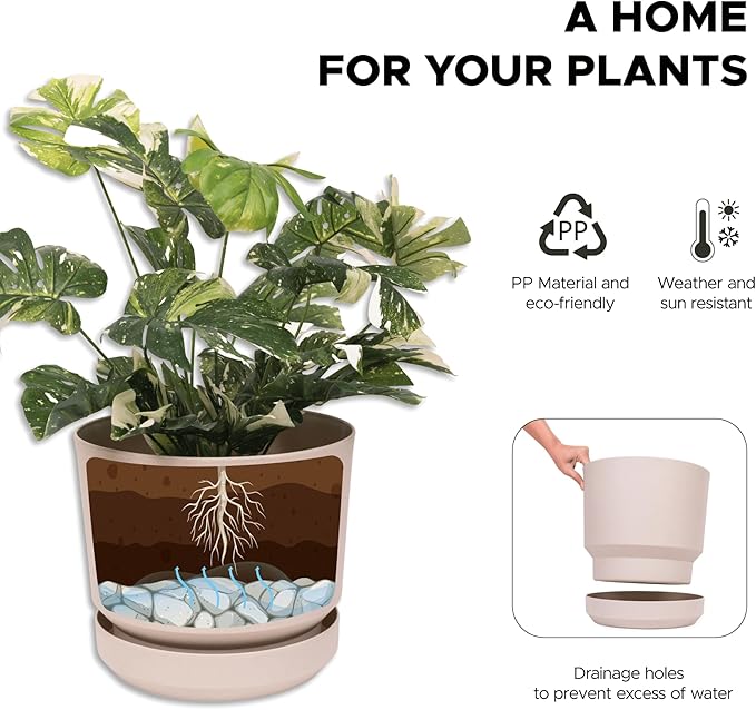 Elly Décor 12 inch Plastic Cylinder Planter Pot with Self-Watering Saucer and Drainage Hole,Lightweight & Extremely Durable, 12"x 12", Ivory