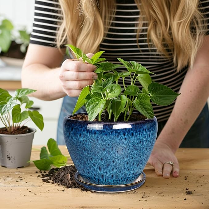 8 Inch Ceramic Plant Pot, Ceramic Planter Pot for Indoor Outdoor Plants, Round Flower Pot with Drainage Hole and Saucer, Blue