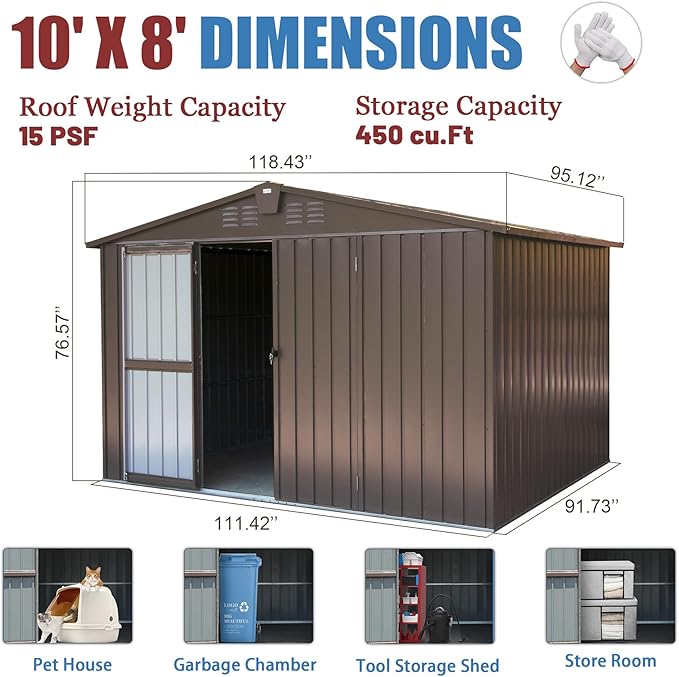 Domi Outdoor Storage Shed 10' x 8’, Metal Garden Shed with Galvanized Steel Frame for Bike, Tools, Lawn Mowers, Pool Toys, Outdoor Storage Cabinet with Lockable Door for Garden Lawn Patio (Dark Brown)