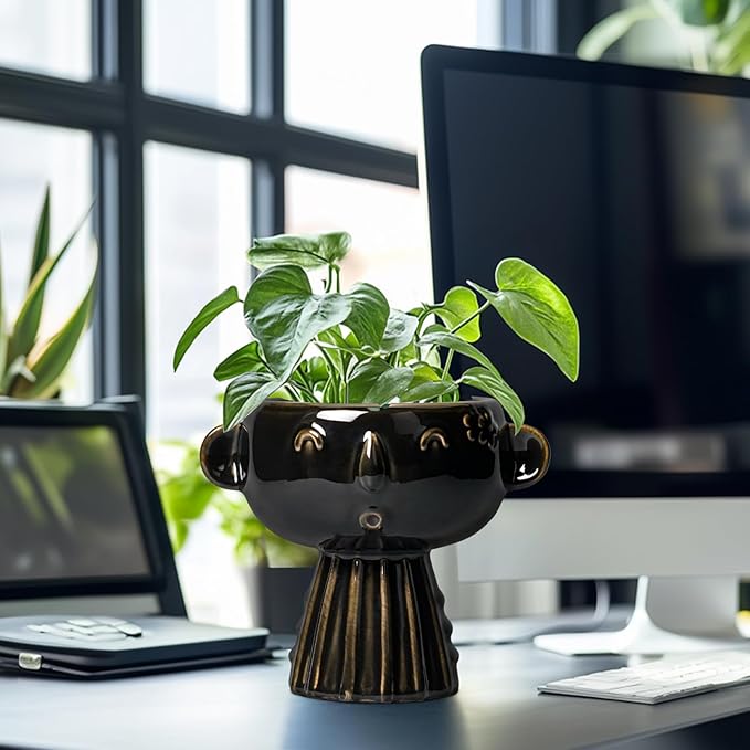 Head Planter 7 Inch - Ceramic Face Planters with Drainage Hole, Funny Succulent Pots for Indoor Outdoor, Cute Decorative Plant Pot, Desk Office Room Home Decor, Black