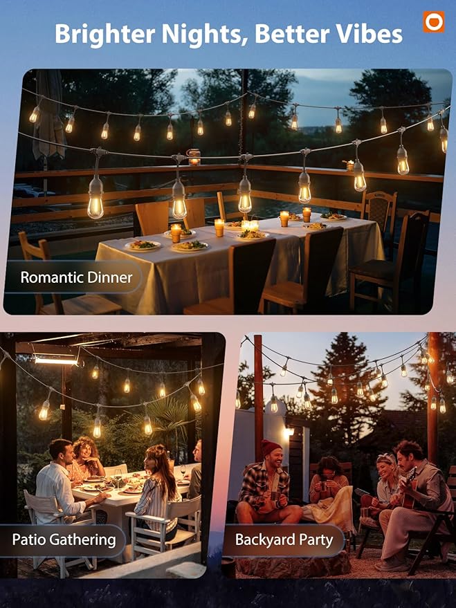 addlon LED Outdoor String Lights 48FT with Edison Vintage Shatterproof Bulbs and Commercial Grade Weatherproof Strand - ETL Listed Decorative Lights for Patio Garden