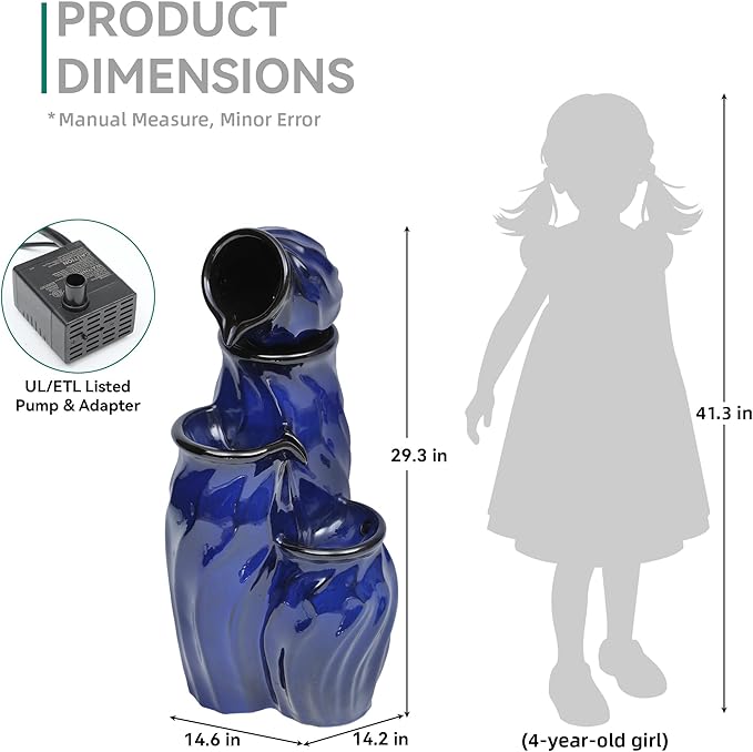 29" Tall Ceramic Water Fountain Outdoor with LED Lights, 4-Tier Cascading Waterfall Garden Fountain, Ideal for Serene Relaxing Patio, Yard or Porch, Cobalt Blue Glaze, Dynamic Wave-Texture