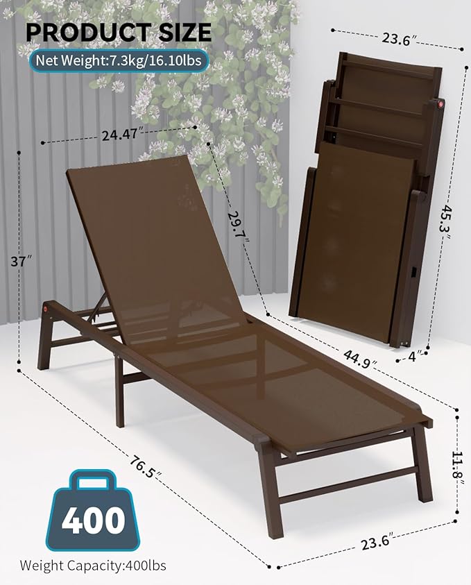Aluminum Chaise Lounge Chair Outdoor, Foldable Patio Lounge Chair Assemble-Free, Pool Lounge Chairs with 5 Adjustable Backrest, Outdoor Lounge Chairs for Outside Poolside Beach Lawn Brown
