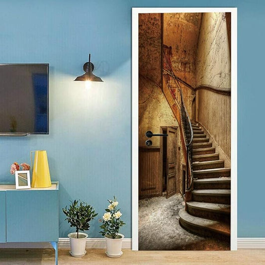 3D Door Wallpaper Self-Adhesive Door Sticker - Old Stairs - Door Film Poster Premium PVC Waterproof Wall Sticker for Bedroom Living Room Door Decoration Wallpaper 95 x 200 cm
