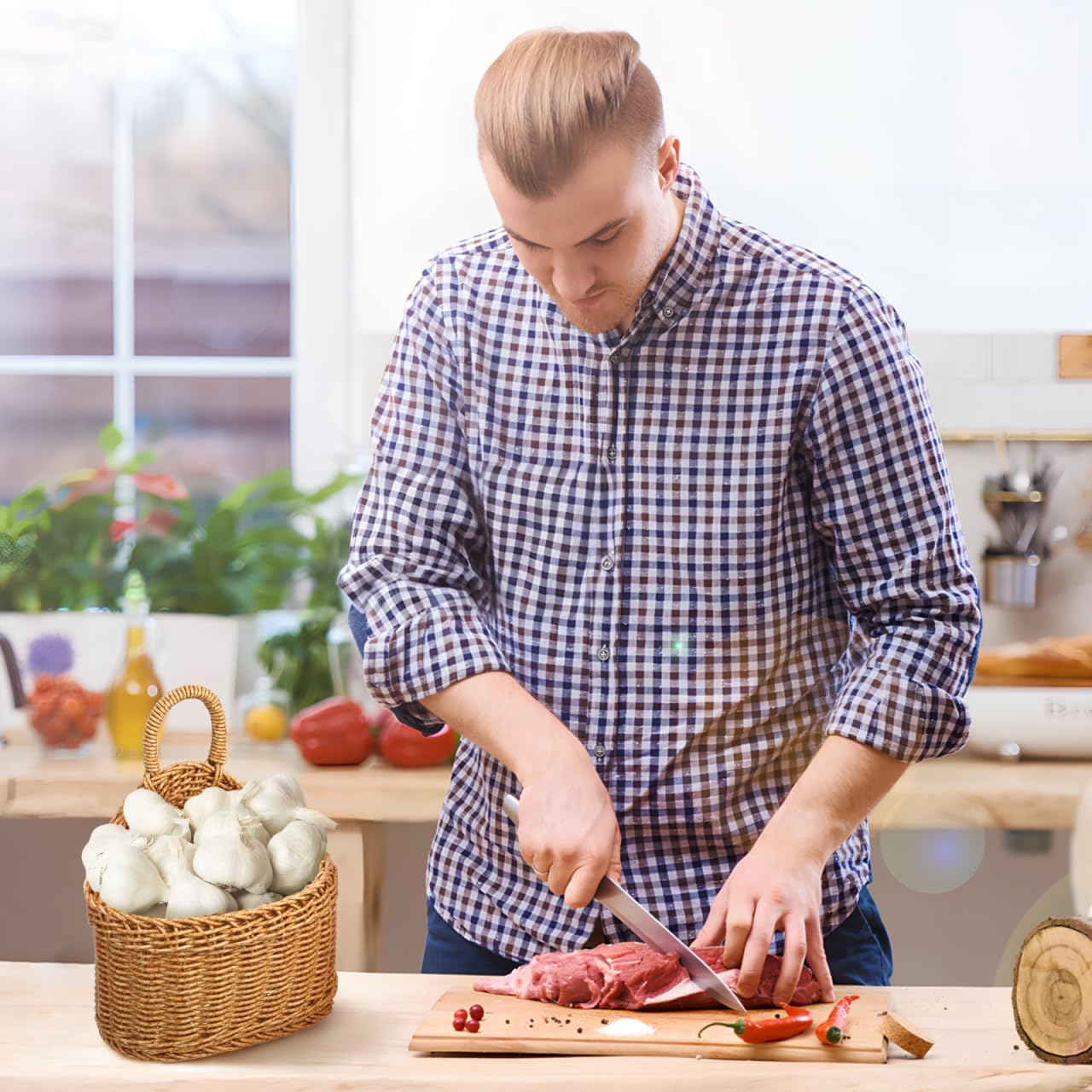 DECHOUS Small Wall Hanging Wicker Storage Basket - Plastic Woven Basket Kitchen Organizing Storage for Garlic Potato Onion Fruits - Home Pantry Wall Decor Housewarming, 9.3x7.5x4.7 Inch