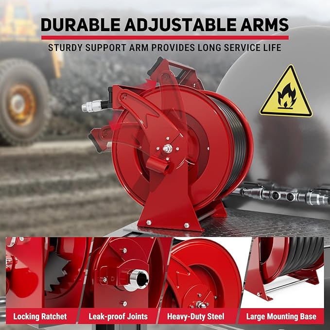 Fuel Hose Reel, 1" x 33' Retractable Diesel Fuel Heavy-duty Steel Construction with Refueling Nozzle, 300 PSI Diesel Reel Used for Aircraft Ship Vehicle Tanker Truck