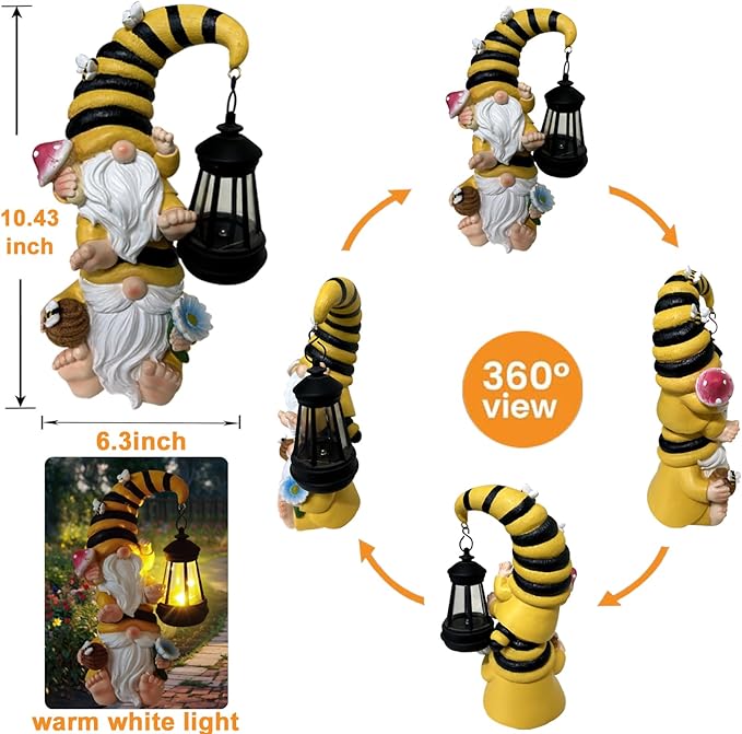Garden Gnomes Outdoor Solar Bee Garden Gnomes with Led Lantern Outdoor Decor for Yard,Patio,Lawn,Gnome Gifts for Women,Mom,Gnomes Decorations for Yard