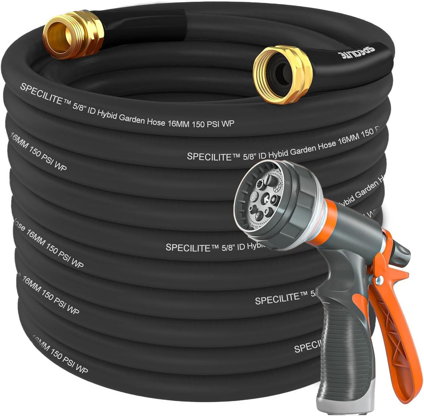 Garden Water Hose 75 ft x 5/8 in Heavy Duty, Flexible and Lightweight, Burst 600 psi, Kink-less Hybrid Rubber Pipe for Backyard, 3/4'' Brass Fittings,Black