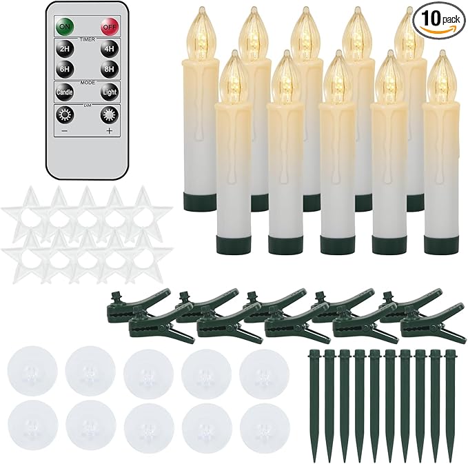 DRomance Christmas Tree Flameless Taper Candle Lights Battery Operated with 10-Key Remote and Timer, 10 Pack Plastic Flickering LED Taper Candles Multi-Using Home Garden Holiday Decor 3.4"