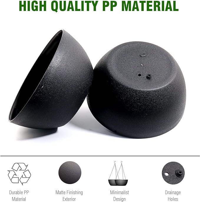 13 inch Large Hanging Planters Plant Pots for Outdoor Indoor Plants with Drainage Holes and Chain, 2 Pack Round Hanging Flower Pots for Garden Home Porch Decor, Black