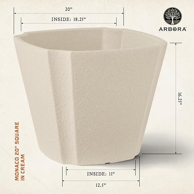 ARBORA 20" Monaco Square Polyresin Indoor and Outdoor Planter with Classic Cream Finish - Durable, Weatherproof, Lightweight, Large Plant Pot for Patio, Garden, Deck, Entryway