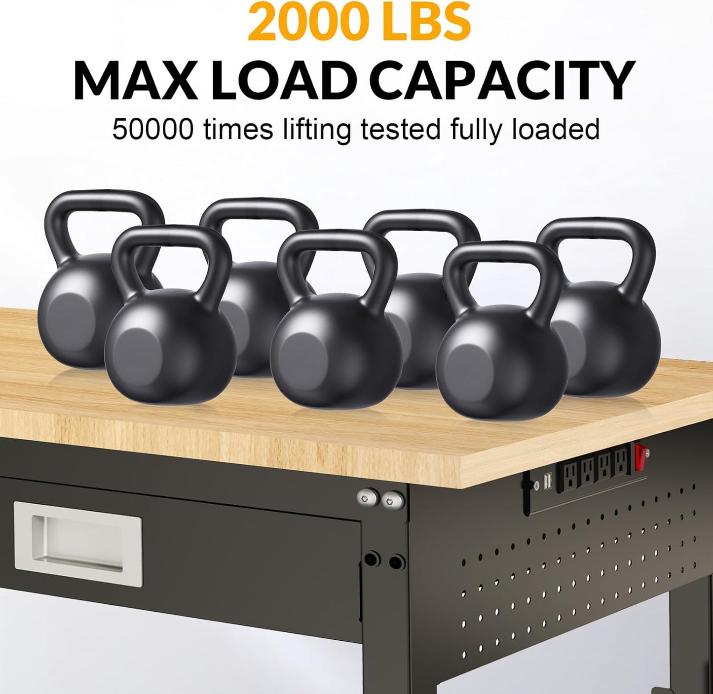 48" Workbench for Garage with Drawers Rubberwood Tabletop Work Table with Pegboard, Power Outlets Adjustable Height Work Bench for Office, Woodworking Shop, Home