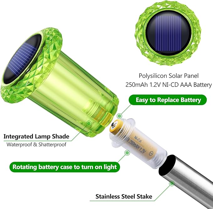 DenicMic Solar Lights Outdoor Pathway Lights LED Waterproof Acrylic Lamp Head Stainless Steel Stake for Yard Garden Landscape Path Walkway Driveway Patio Lawn (Green 10Pack)