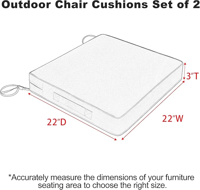Favoyard Patio Chair Cushions 22 x 22 x 3 Inch Waterproof Outdoor Seat Cushions for Patio Furniture 3-Year Color Fastness Garden Sofa Couch Pads with Handle & Adjustable Straps Set of 2, Dark Grey