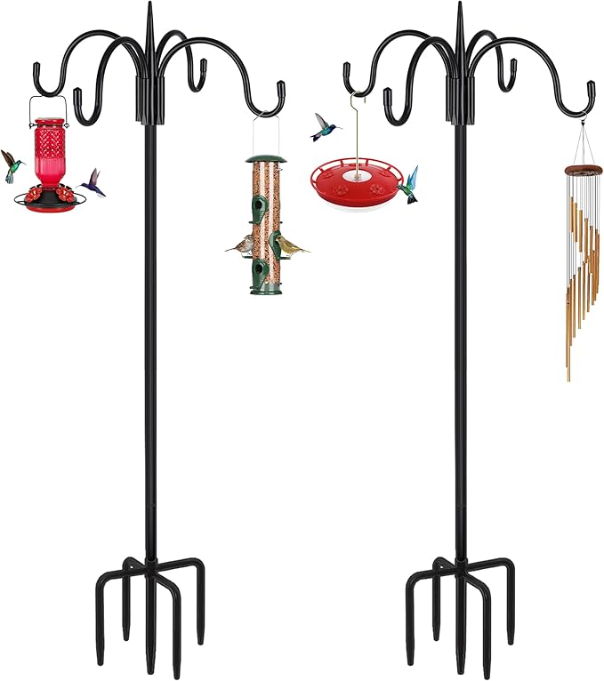 FEED GARDEN [Upgrade Version 76 Inch Four Shepherd Hooks for Outdoor,Bird Feeder Pole with 5 Prong Base, Adjustable Shepard Hooks for Hanging Plant, Solar Lanterns, Wind Chimes, 2 Pack