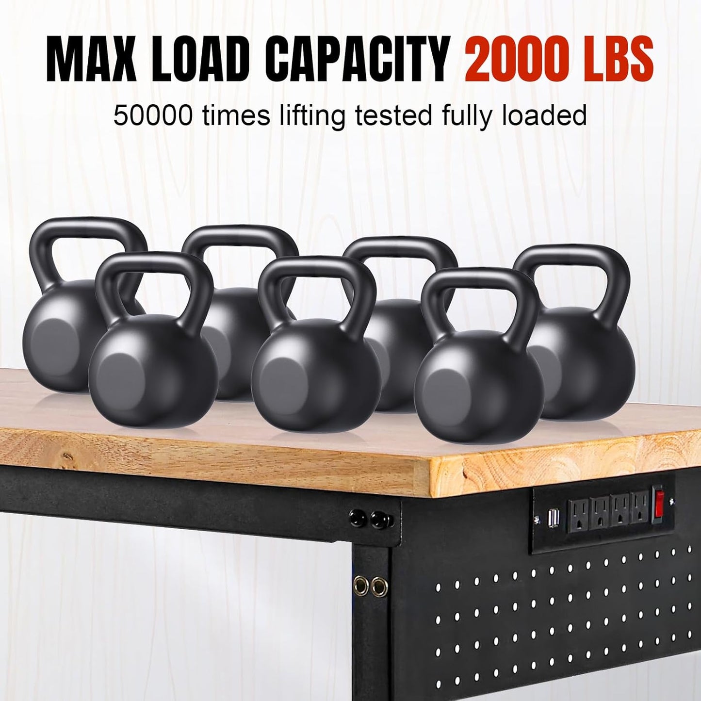 Adjustable Height Workbench, Heavy Duty Table Rubber Wood Workstation with Power Outlet & Pegboard for Garage, Office, Workshop, Home,Commercial (48"×24"|Wheels)