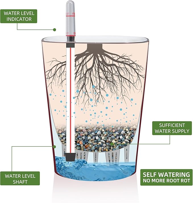 Dexceder 6x7 Self Watering Planter Indoor Outdoor, High Gloss Table Flower Plant Pot with Water Level Indicator (Wine Red)