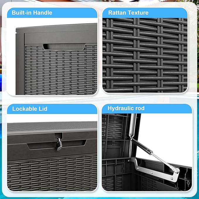 102 Gallon Outdoor Storage Box Waterproof, UV Resistant Resin Deck Box with Hydraulic Rod, Lockable Design and Enhanced Durability for Patio, Garden, and Poolside Use