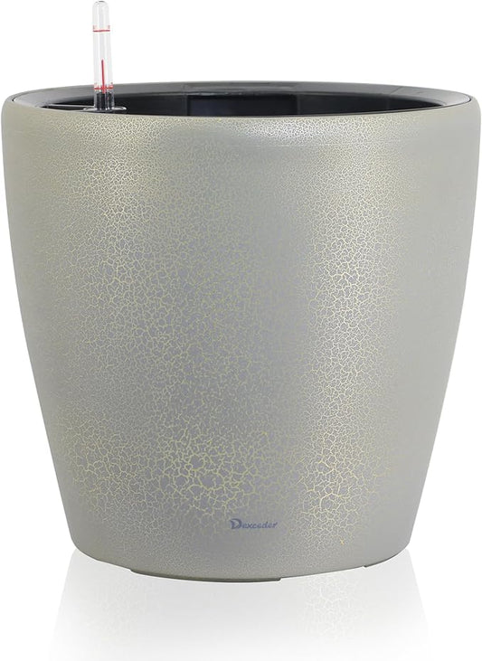 Dexceder 13x12 Self Watering Planter with Wheels Indoor Outdoor, Inner Pot Design, Thickened Large Floor Standing Flower Plant Pot with Water Level Indicator (Grey Gold Crackle)