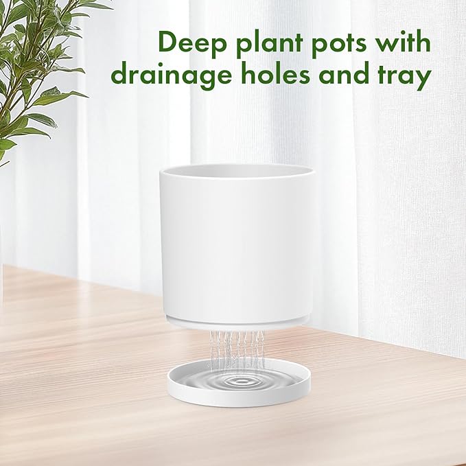 8/7/6 inch Plant Pots, Set of 3 Cylinder Flower Pots for Outdoor Indoor Plants, Decorative Plastic Planters with Drainage Holes and Saucers for Garden House Plants, White