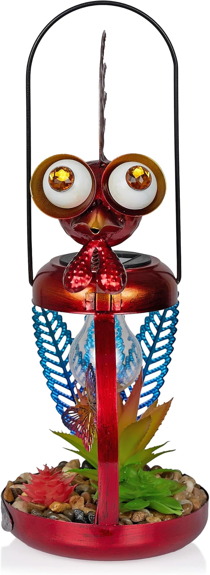 Alpine Corporation LYT286SLR-HH Solar-Powered Metal Rooster w/Garden Enclosed LED Light Decor, Solar Patio Decor, 16''H, Red