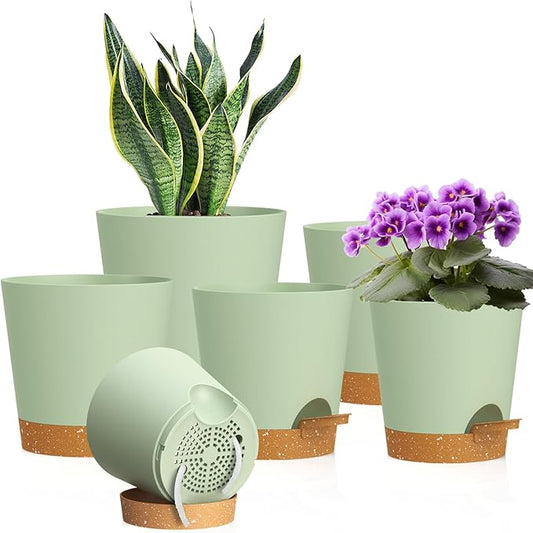 7/6.5/6/5.5/5/4 inch Self Watering Pots for Indoor Outdoor Plants, 6 Pack Plastic Flower Planters with Drainage Holes and Removable Saucers, Plant Pots with Wicking Rope, Green Brown