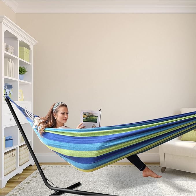 ANYOO Cotton Hammock Portable Camping Hammocks for Hanging Sturdy Garden Comfortable Fabric Hammock with Tree Straps Up to 660lbs with Travel Bag for Camping Outdoor/Indoor Patio Backyard