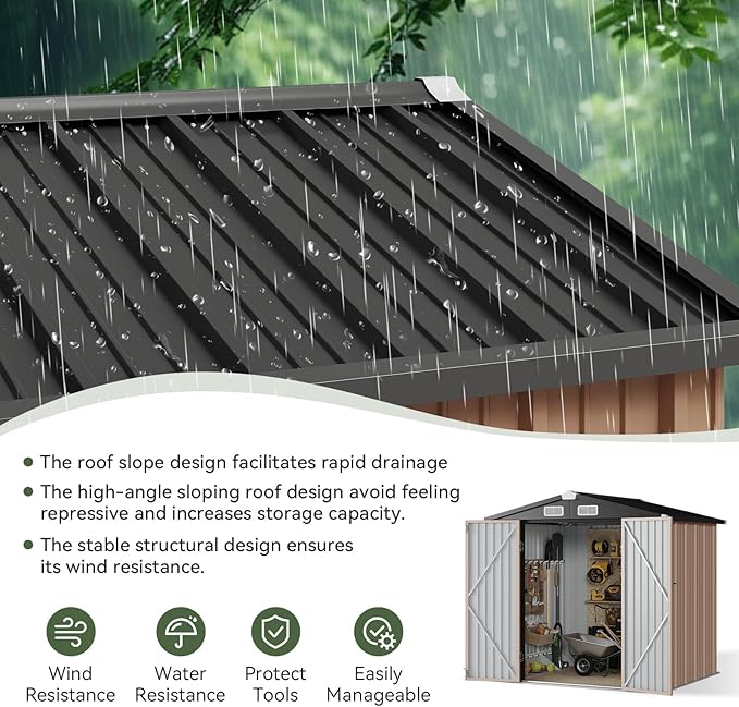 Aoxun 6.2x4 FT Shed Outdoor Storage Shed with Lockable Doors & Slooping Roof Metal Garden Tool Shed for Backyard, Patio, Poolside (Brown)