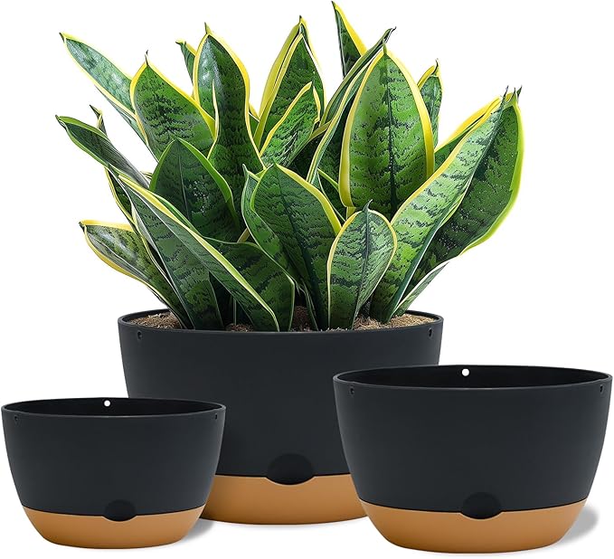 8/10/12 Inch Pots for Indoor Plants, Large Self Watering Planters with Drainage and Saucers, Plastic Outdoor Flower Pot, Set of 3, Grey