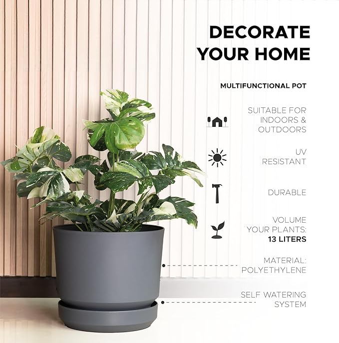 Elly Décor 14 inch Plastic Cylinder Planter Pot with Self-Watering Saucer and Drainage Hole,Lightweight & Extremely Durable, 14"x 14", Gray